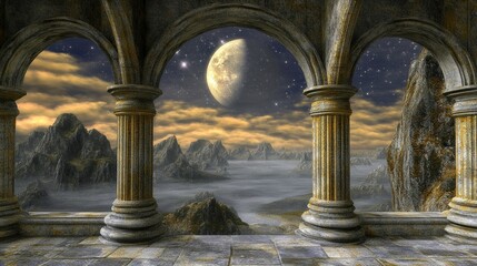 Fototapeta premium Serene Fantasy Landscape with Majestic Mountains, Mysterious Waters, and a Glowing Moon Amidst a Starry Night Sky from Ancient Architecture