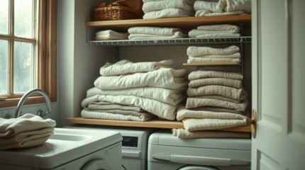 Neat laundry room with folded linens, a washing machine, a sink and soft, natural light coming through a window.