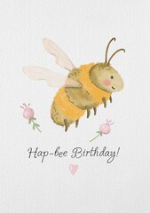 Textured postcard with cute bees, greeting card, poster with bees, kids illustration, bee art, adorable design, digital watercolor, celebration card with bee, happy birthday card