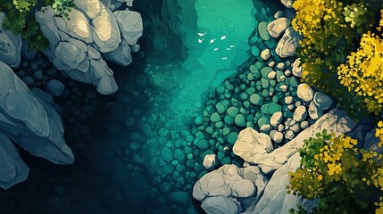   A bird's-eye view of a river surrounded by trees and rocks in aerial imagery