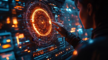 Person interacting with a holographic interface displaying advanced technology and digital data. Generative AI