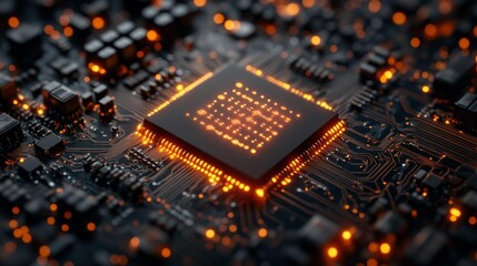 Close-up of a modern computer chip embedded with intricate circuits and data connections. Generative AI