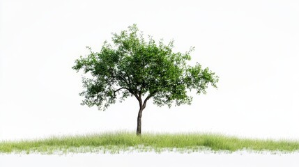 Fototapeta premium Solitary Tree with Lush Green Foliage and Grass Against White Background - Nature's Minimalist Beauty