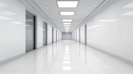 Fototapeta premium Modern White Office Hallway with Recessed Lighting and Glass Doors in a Clean, Minimalist Design