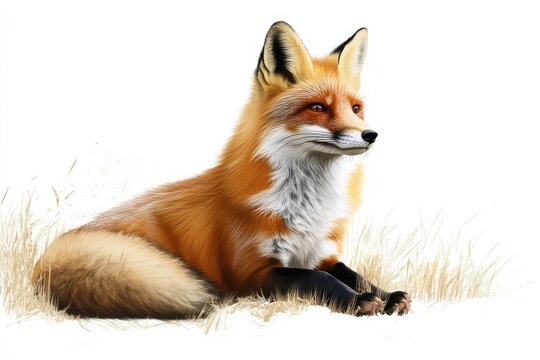 A majestic red fox rests gracefully in a field of golden grass under the warm afternoon sun isolated on transparent background