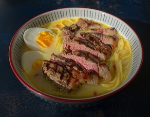 Ramen garnished with succulent sirloin steak, udon noodles, and a hard-boiled egg.