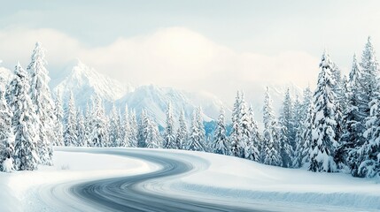 Fototapeta premium Snowy forest road between tall trees and a distant mountain