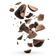 Whole black truffle and its slices, isolated on white background, falling