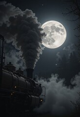 Vintage Steam Train At Night. Glowing Moon. Ethereal Smoke. Dark Forest. Man-made Meets Nature. A Captivating Contrast. Mechanical Elements. Natural Beauty. Mystery. Atmospheric.