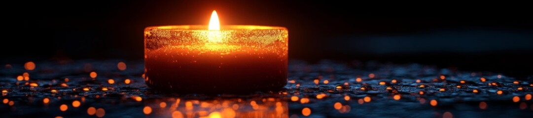 Close-up of a flickering candle flame casting shadows on a textured surface. Generative AI