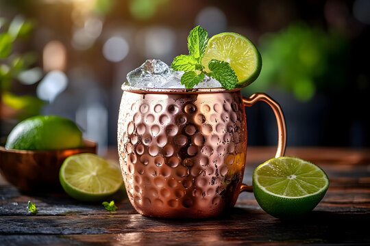 Moscow Mule cocktail in copper mug with lime and mint