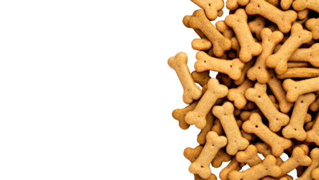 Close-up of bone shaped cookies for dogs and puppies on transparent background with blank space for text, PNG, pet treats made from natural ingredients