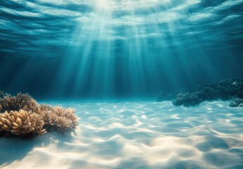 Fototapeta premium Underwater Scene with Soft Sand, Coral Reefs, and Sunlight Filtering Through Calm Ocean Water