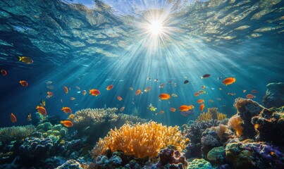Fototapeta na wymiar Underwater Scene with Sunlight Rays, Colorful Fish, Vibrant Corals and Clear Blue Ocean Water in a Tropical Marine Environment