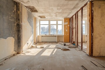 A bright old room without renovation, filled with trash, and windows