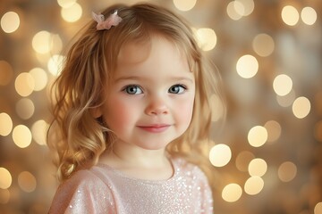 Cute child in pink clothing against a golden bokeh background