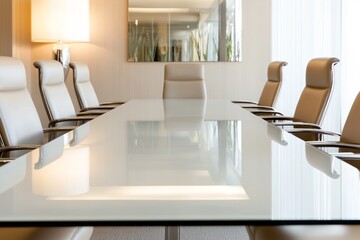Modern office meeting room with glass table and leather chairs