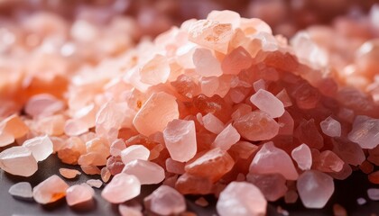 Obraz premium Macro shot of crushed pink Himalayan salt, highlighting intricate crystalline formations and the soft reflections of light, showcasing its natural beauty. 