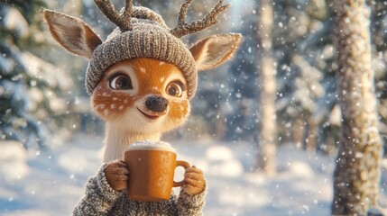 Obraz premium Deer with beanie enjoying cocoa in snowy forest, winter wonderland