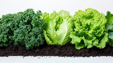 Fresh Greens Kale and Lettuce Growing in Soil, Healthy Food , Organic Farming