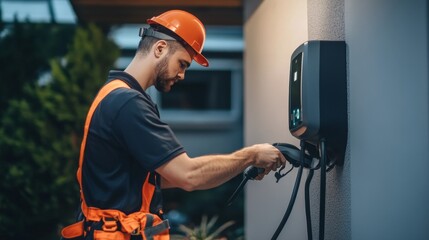Electric Vehicle Charger Installation Man Plugs in EV, Electric Cars, EV charger