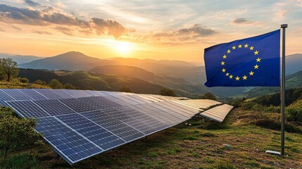 European Union Flag Over Solar Panels At Sunset, renewable energy , sustainability