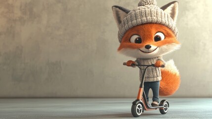 Animated fox riding scooter indoors, wearing winter hat and sweater, grey background
