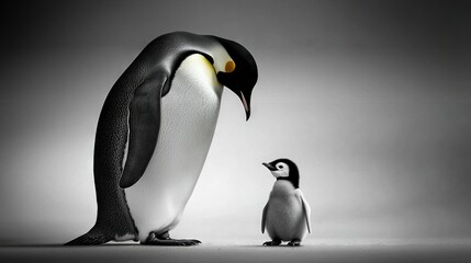 Obraz premium A black-and-white photo captures a penguin with its baby in the center