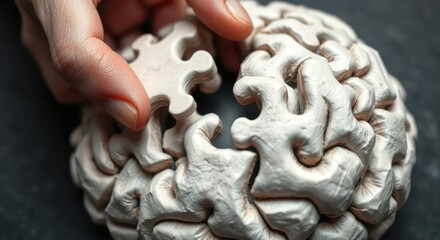 Brain puzzle completion: A hand connects the final piece, representing problem-solving and cognitive function.