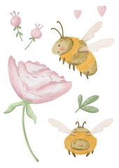 Collection of adorable bees elements for kids design, pink flower, plants, little hearts, bee illustration, childs decoration, bees set, digital watercolor, cute design