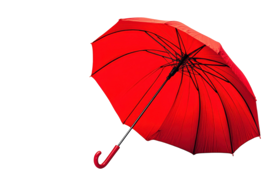 A bright red umbrella resting elegantly against a light background on a rainy day isolated on transparent background