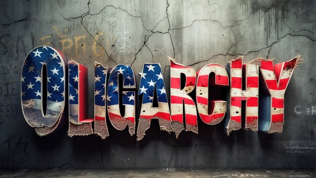 Oligarchy graffiti featuring American flag design on a cracked concrete wall