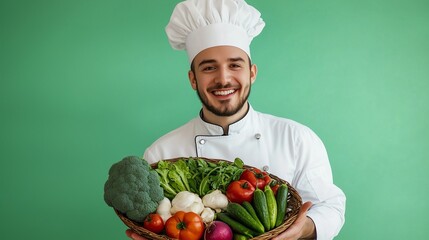 Chef holding a basket of fresh vegetables, symbolizing healthy cooking.