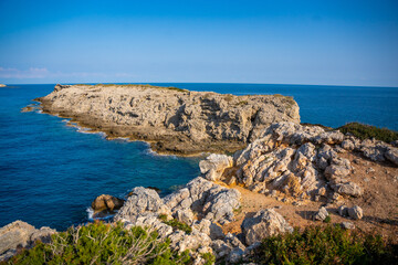 View of Kape Apostolos and Kleides Islands at the very eastern tip of the Karpasia Peninsula in the Turkish Republic of Northern Cyprus. Most easterly point on mainland Cyprus.