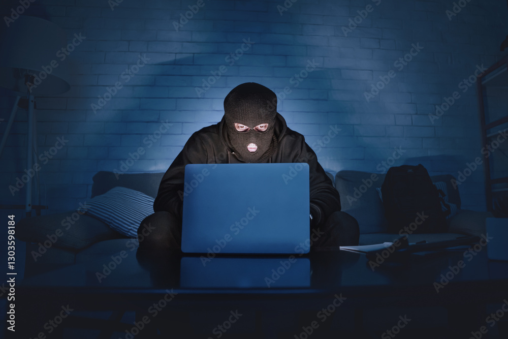 Poster Private Information Security Concept. Masked hacker using pc, sitting in the dark on couch, stealing big data