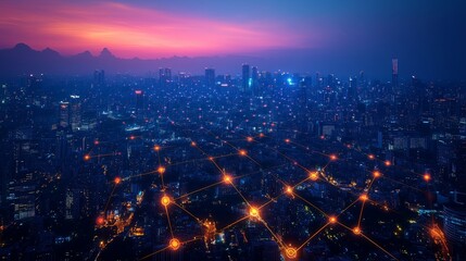Fototapeta premium A high-tech city at night with illuminated data nodes and digital connections, symbolizing smart infrastructure, IoT, and futuristic urban technology.