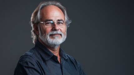 Fototapeta premium Distinguished man with glasses and a beard radiates wisdom and experience in a portrait against a gray background.