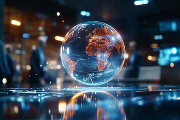 Futuristic interactive hologram of planet earth floating on desk