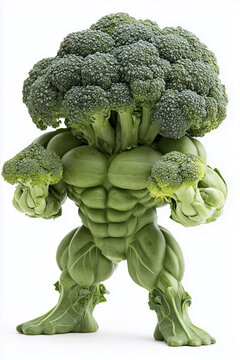 Incredible broccoli character flexing its muscular arms in a playful display
