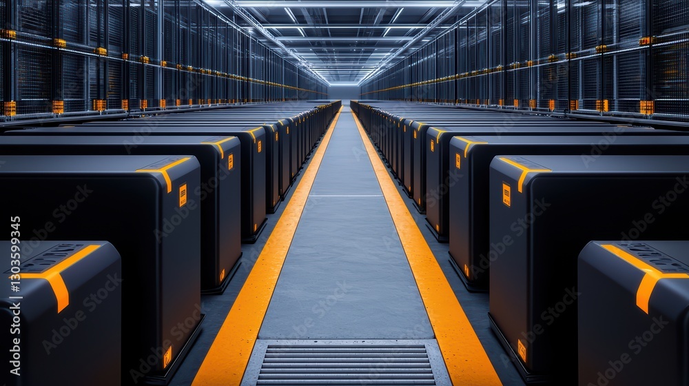 Poster automated robots sorting packages in a high-tech warehouse environment for enhanced efficiency