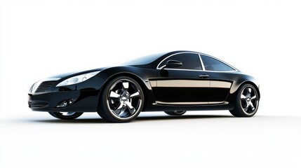 Obraz premium Sleek Black Coupe Car Isolated Against White Background in Studio Shot with Smooth Reflections, Automotive Design