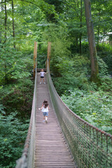 A little girl with small multicolored braids on a hanging rope bridge in a summer park. Concept of children's activity and leisure.