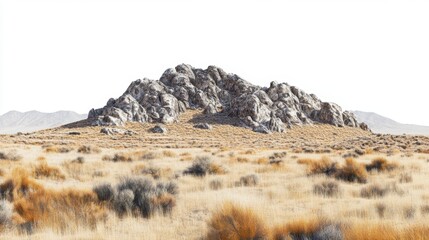 Arid landscape featuring a rocky hilltop and dry, golden grasses against a clear, bright sky.