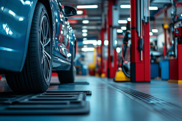 Modern vehicle supported by a floor jack lift in an auto service garage