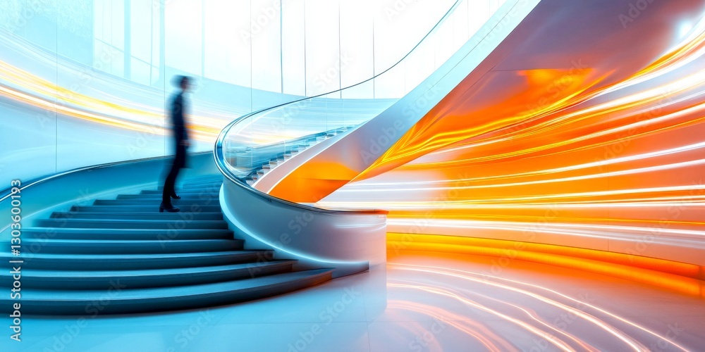 Poster a man stands on a modern staircase with flowing lights around him. the image conveys a sense of move