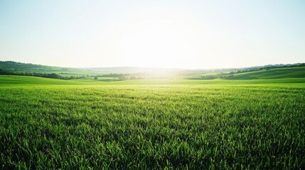 Obraz premium A vast field covered in lush, vibrant green grass under a bright, clear sky, showcasing the thriving beauty of nature and evoking feelings of serenity and renewal.