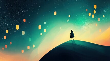   A person atop a hill beneath a star-studded sky and floating lanterns