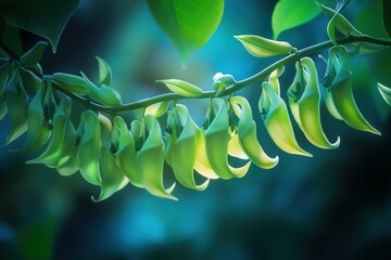 Jade Vine showcasing vibrant green petals and curvilinear tendrils against a backdrop of lush foliage