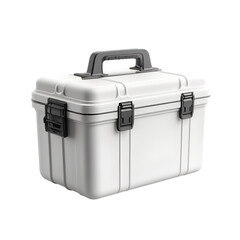 White plastic storage case with black handle and latches portable container toolbox