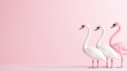   A pair of pink flamingos stand beside each other against a pink backdrop with a pink wall in the background